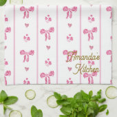 Roze Waterverf Bow Stripes Coquette Esthetisch Theedoek (Gevouwen)