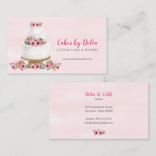 Roze waterverf bruidstaart visitekaartje (Voorkant / Achterkant)