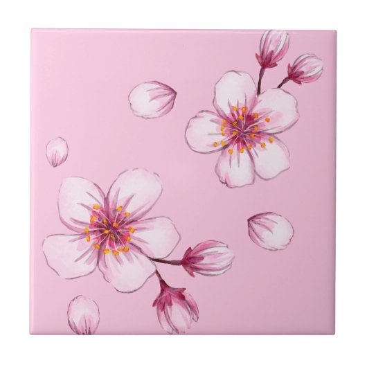 Roze Waterverf Cherry Blossom Pattern Tegeltje (Voorkant)