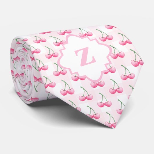 Roze Waterverf Cherry Gingham Whimsical Pattern Stropdas (Opgerold)