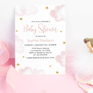 Roze Waterverf Clouds Baby Girl Shower Kaart
