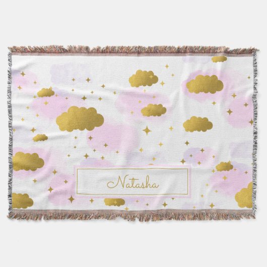 Roze Waterverf Clouds Gold Stars Sky Deken (Voorkant)