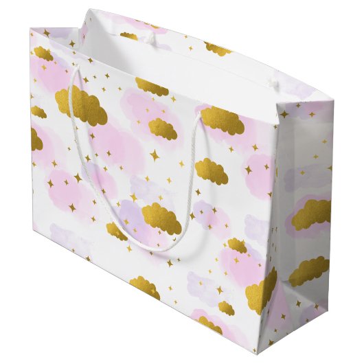 Roze Waterverf Clouds Gold Stars Sky Groot Cadeauzakje (Achterkant Gekanteld)
