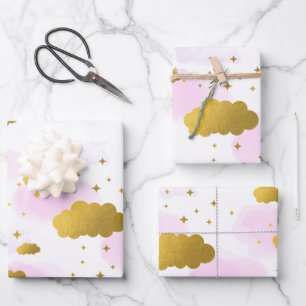 Roze Waterverf Clouds Gold Stars Sky Inpakpapier Vel