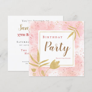 Roze Waterverf Confetti Gold Leaf/Floral Birthday Kaart