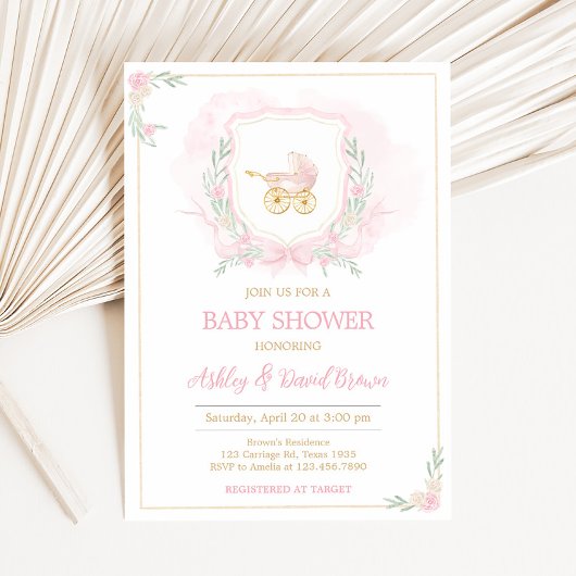 Roze Waterverf Crest Baby shower Kaart