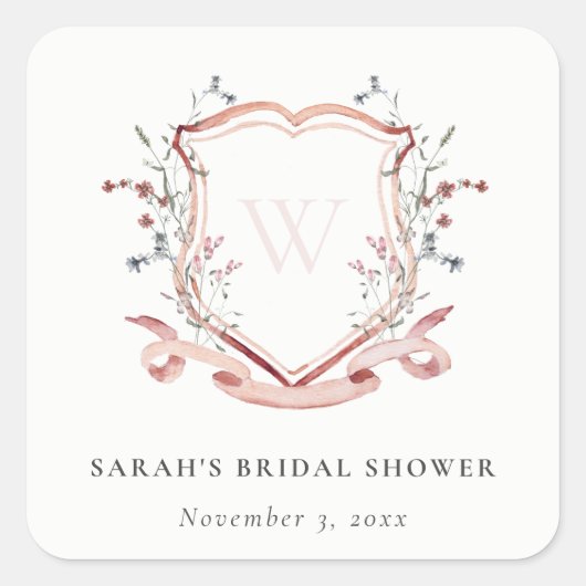 Roze Waterverf Crest Bruiloftsdouche Vierkante Sticker (Voorkant)
