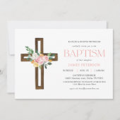 Roze Waterverf Cross Floral Baptism Uitnodiging (Voorkant)