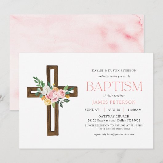 Roze Waterverf Cross Floral Baptism Uitnodiging (Voorkant / Achterkant)