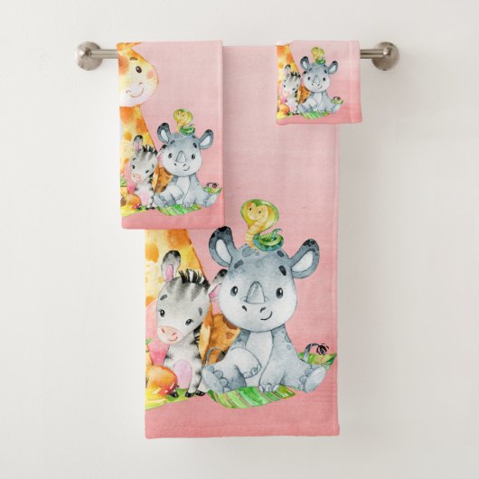 Roze Waterverf Cute Safari Oerwouden Bad Handdoek (Insitu)