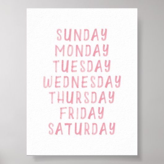 Roze waterverf dagen van week educatief poster (Voorkant)