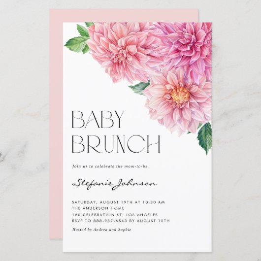 Roze Waterverf Dahlia Baby shower Invitation (Voorkant / Achterkant)