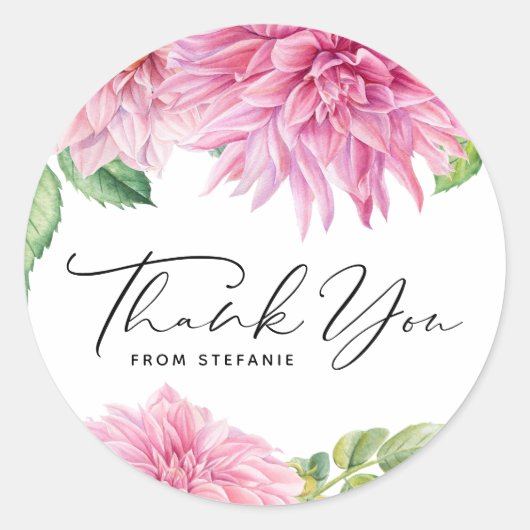 Roze Waterverf Dahlia Bloemige Verjaardag Bedankt Ronde Sticker (Voorkant)