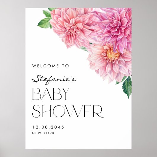 Roze Waterverf Dahlia Spring Baby shower Welkom Poster (Voorkant)