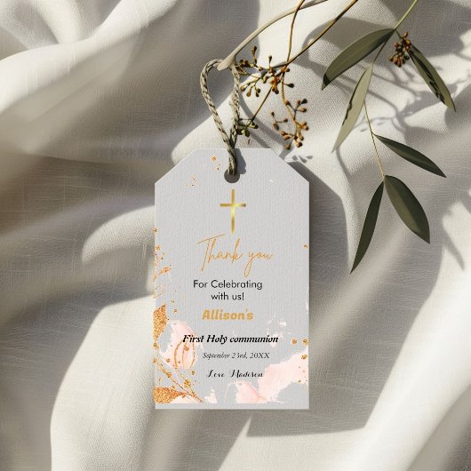 Roze Waterverf Eerste heilige communie dank u Cadeaulabel