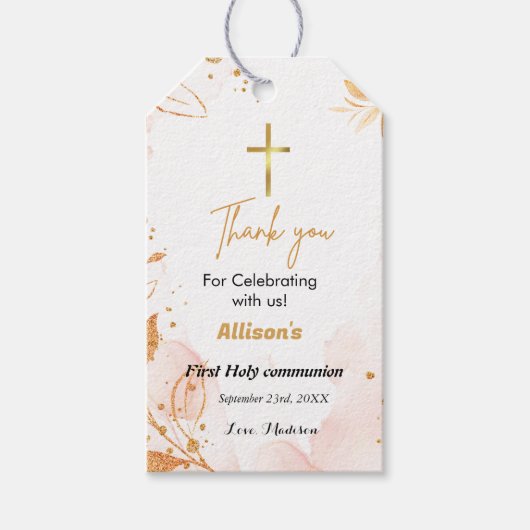 Roze Waterverf Eerste heilige communie dank u Cadeaulabel (Voorkant)