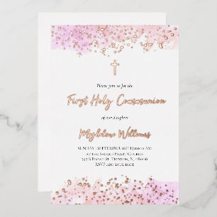 roze waterverf Eerste Heilige Communie Folie Uitnodiging