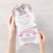 Roze Waterverf Elephant Baby shower All In One Uitnodiging (Afscheurbaar)