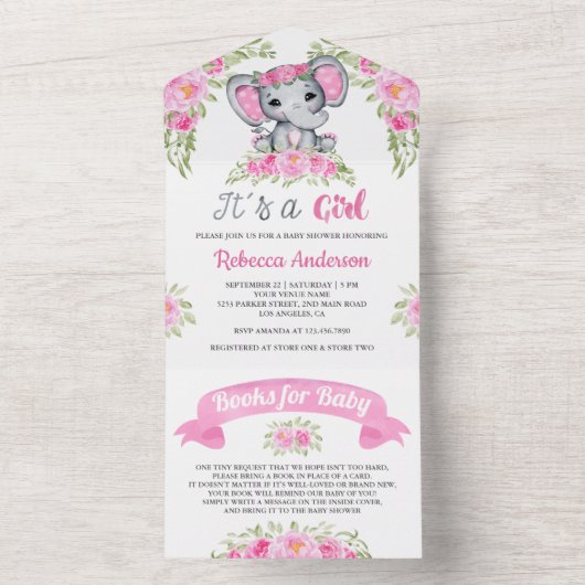 Roze Waterverf Elephant Baby shower All In One Uitnodiging (Binnen)