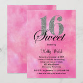 Roze Waterverf en Glitter Typografie Sweet 16 Kaart (Voorkant / Achterkant)