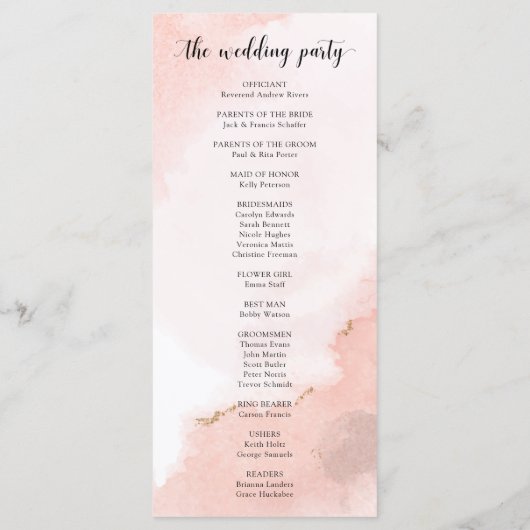 Roze Waterverf en Gold Wedding Order of Ceremony Programma (Achterkant)