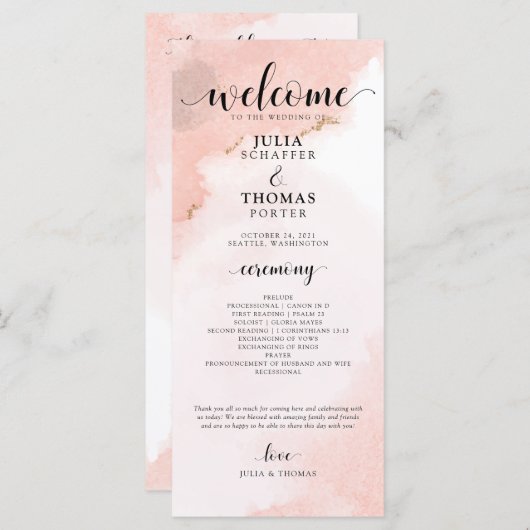 Roze Waterverf en Gold Wedding Order of Ceremony Programma (Voorkant / Achterkant)