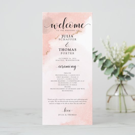Roze Waterverf en Gold Wedding Order of Ceremony Programma (Staand voorkant)