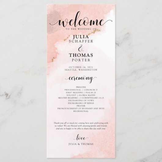Roze Waterverf en Gold Wedding Order of Ceremony Programma (Voorkant)