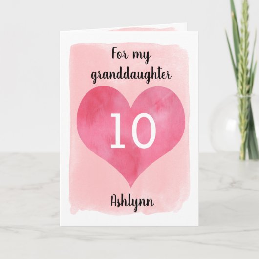Roze Waterverf en Rode Hart 10e Verjaardag Kaart (Voorkant)