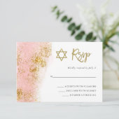 Roze Waterverf | Faux Gold Bat Mitzvah RSVP Kaartje (Staand voorkant)