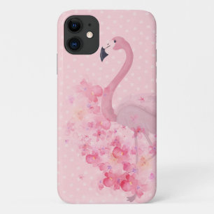Roze Waterverf Flamingo Floral en Stippen iPhone 11 Hoesje