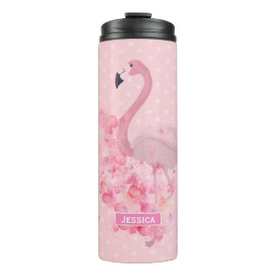 Roze Waterverf Flamingo Floral en Stippen Genoemd Thermosbeker