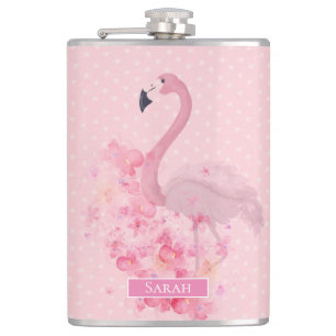 Roze Waterverf Flamingo Floral en Stippen Heupfles