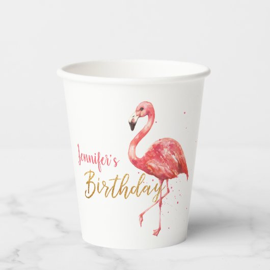 Roze Waterverf Flamingo Gold Glitter Birthday Papieren Bekers (Voorkant)