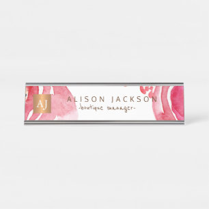 Roze waterverf floraal gouden koper monogram bureau naambordje
