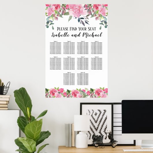 Roze Waterverf Floral 10-tabel zitplaatskaart Poster (Thuiskantoor)