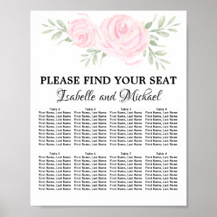 Roze Waterverf Floral 8-tabel zitplaatskaart Poster