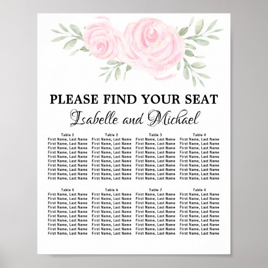 Roze Waterverf Floral 8-tabel zitplaatskaart Poster (Voorkant)