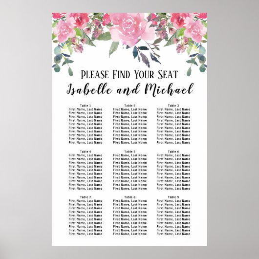 Roze Waterverf Floral 9-tabel zitplaatskaart Poster (Voorkant)