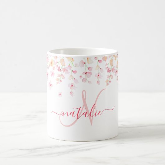 roze Waterverf Floral Aangepaste Monogram Naam Koffiemok (Center)