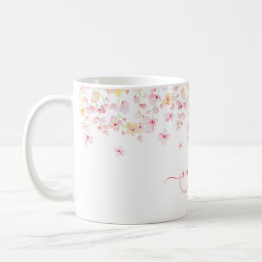 roze Waterverf Floral Aangepaste Monogram Naam Koffiemok (Links)