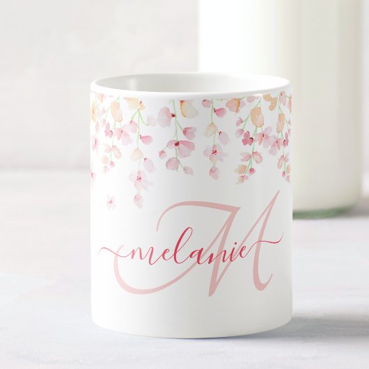  roze Waterverf Floral Aangepaste Monogram Naam Koffiemok