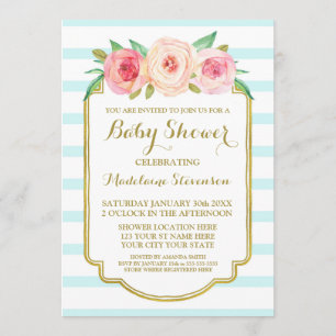 Roze Waterverf Floral Blue Stripes Baby shower Kaart