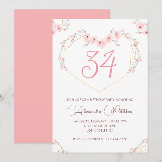 Roze Waterverf Floral Boho 34ste verjaardag Kaart (Voorkant / Achterkant)