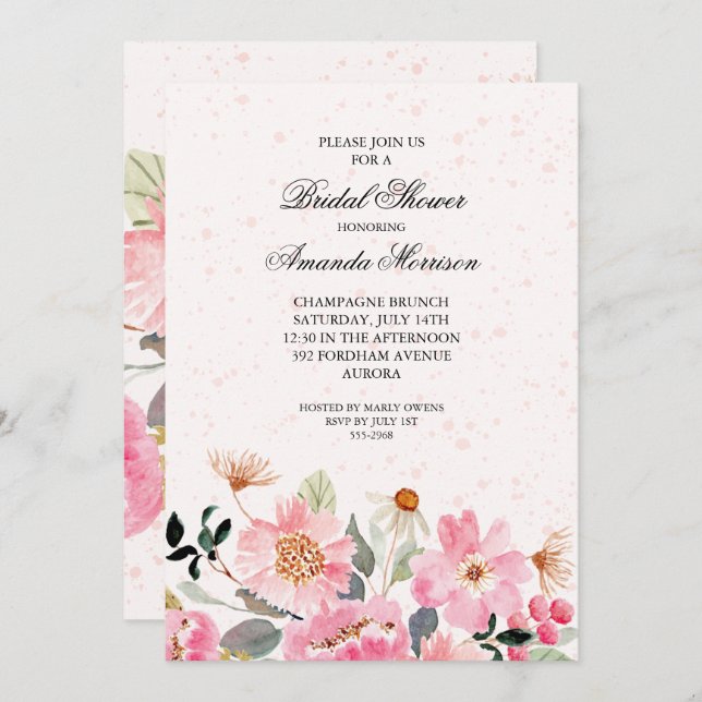 Roze Waterverf Floral Bridal Shower Invitations (Voorkant / Achterkant)