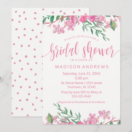 Roze Waterverf Floral Bridal Shower Kaart (Voorkant / Achterkant)