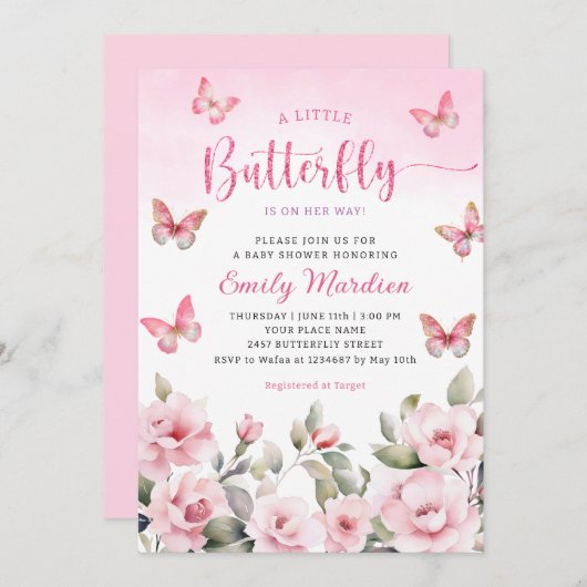 Roze Waterverf Floral Butterfly Girl Baby shower Kaart (Voorkant / Achterkant)