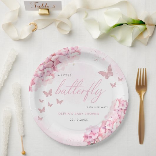 Roze Waterverf Floral Butterfly Girl Baby shower Papieren Bordje (Huwelijk)