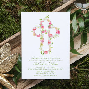 Roze Waterverf Floral Cross Baptisme Kaart