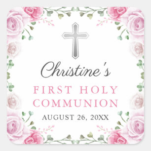 Roze Waterverf Floral Eerste Heilige Communie Vierkante Sticker